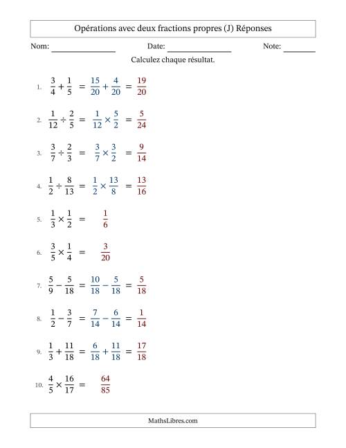 Opérations avec deux fractions propres avec dénominateurs similaires, résultats sous fractions propres et sans simplification (J) page 2