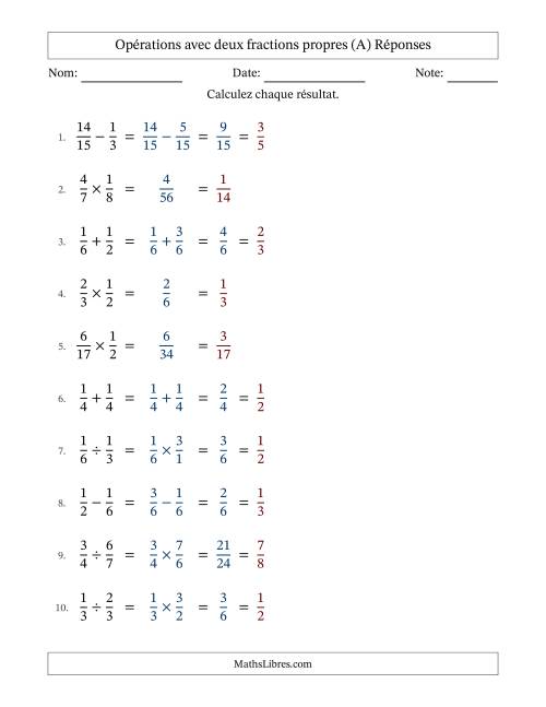Opérations avec deux fractions propres avec dénominateurs similaires, résultats sous fractions propres et simplification dans tous les problèmes (A) page 2
