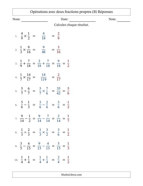 Opérations avec deux fractions propres avec dénominateurs similaires, résultats sous fractions propres et simplification dans tous les problèmes (B) page 2