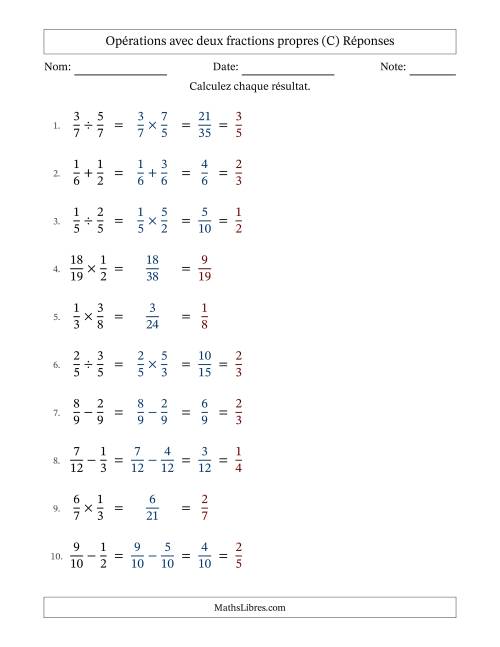Opérations avec deux fractions propres avec dénominateurs similaires, résultats sous fractions propres et simplification dans tous les problèmes (C) page 2