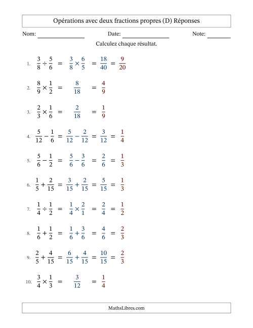 Opérations avec deux fractions propres avec dénominateurs similaires, résultats sous fractions propres et simplification dans tous les problèmes (D) page 2