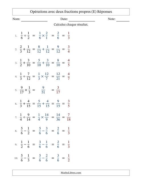 Opérations avec deux fractions propres avec dénominateurs similaires, résultats sous fractions propres et simplification dans tous les problèmes (E) page 2