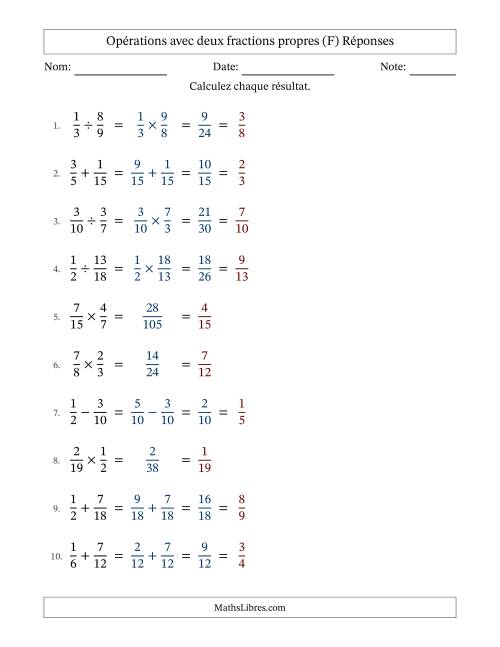 Opérations avec deux fractions propres avec dénominateurs similaires, résultats sous fractions propres et simplification dans tous les problèmes (F) page 2