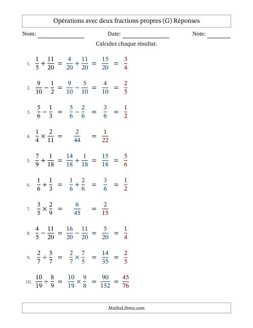Opérations avec deux fractions propres avec dénominateurs similaires, résultats sous fractions propres et simplification dans tous les problèmes (G) page 2