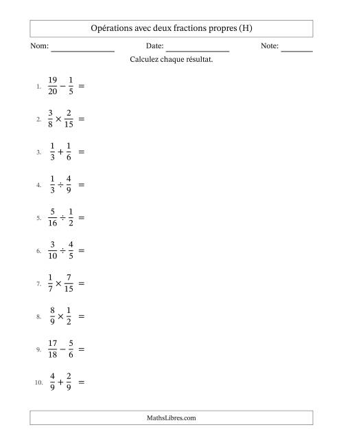 Opérations avec deux fractions propres avec dénominateurs similaires, résultats sous fractions propres et simplification dans tous les problèmes (H)
