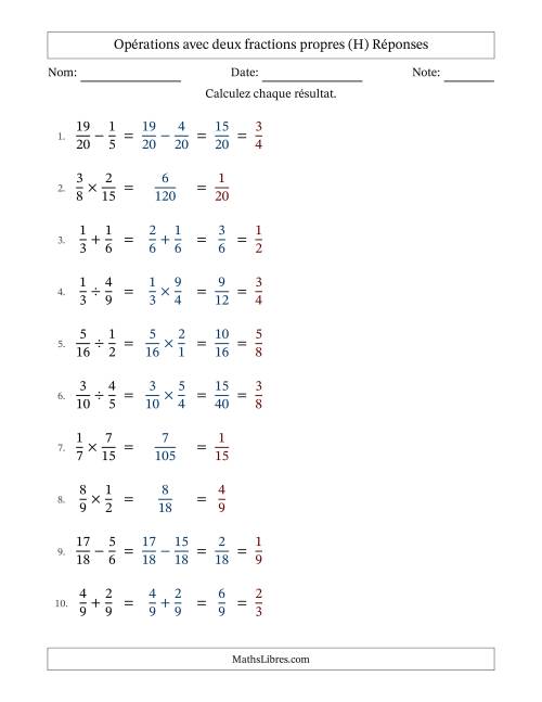 Opérations avec deux fractions propres avec dénominateurs similaires, résultats sous fractions propres et simplification dans tous les problèmes (H) page 2