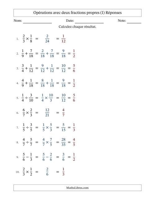 Opérations avec deux fractions propres avec dénominateurs similaires, résultats sous fractions propres et simplification dans tous les problèmes (I) page 2