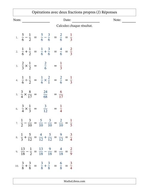 Opérations avec deux fractions propres avec dénominateurs similaires, résultats sous fractions propres et simplification dans tous les problèmes (J) page 2