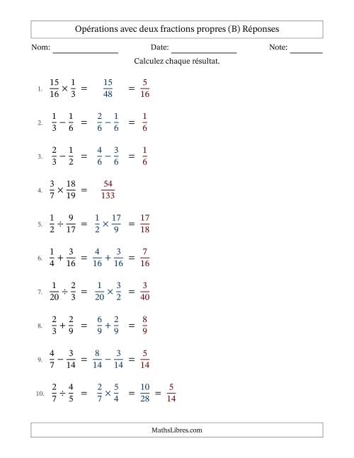 Opérations avec deux fractions propres avec dénominateurs similaires, résultats sous fractions propres et quelque simplification (B) page 2