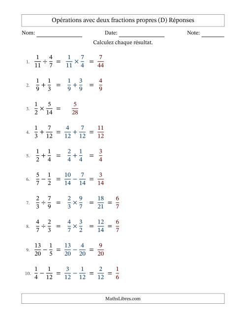 Opérations avec deux fractions propres avec dénominateurs similaires, résultats sous fractions propres et quelque simplification (D) page 2