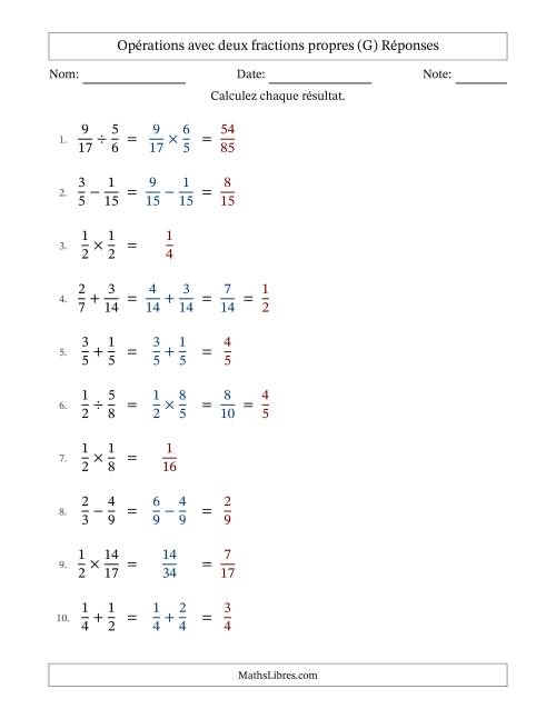 Opérations avec deux fractions propres avec dénominateurs similaires, résultats sous fractions propres et quelque simplification (G) page 2