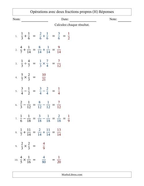 Opérations avec deux fractions propres avec dénominateurs similaires, résultats sous fractions propres et quelque simplification (H) page 2