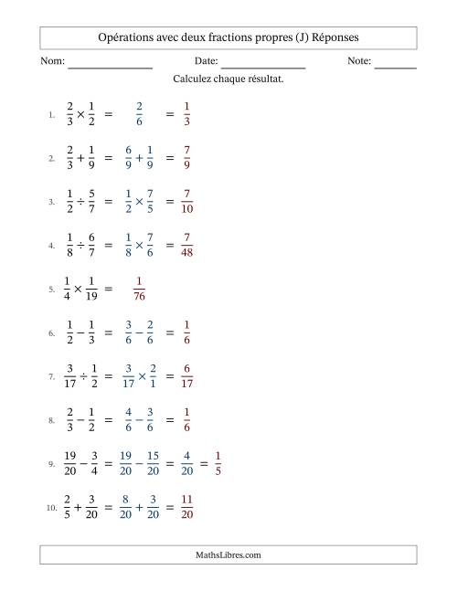 Opérations avec deux fractions propres avec dénominateurs similaires, résultats sous fractions propres et quelque simplification (J) page 2