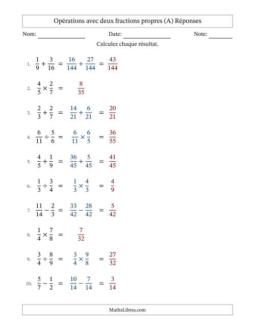 Opérations avec deux fractions propres avec dénominateurs différents, résultats sous fractions propres et sans simplification (A) page 2