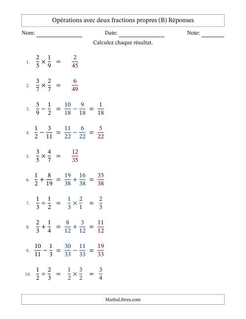 Opérations avec deux fractions propres avec dénominateurs différents, résultats sous fractions propres et sans simplification (B) page 2