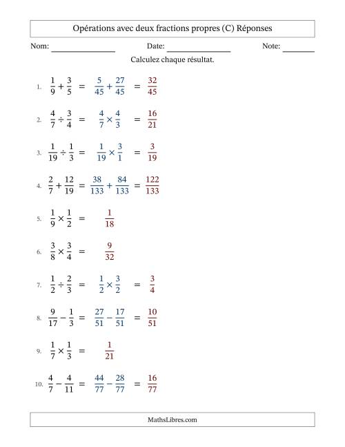 Opérations avec deux fractions propres avec dénominateurs différents, résultats sous fractions propres et sans simplification (C) page 2