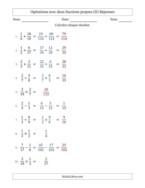Opérations avec deux fractions propres avec dénominateurs différents, résultats sous fractions propres et sans simplification (D) page 2