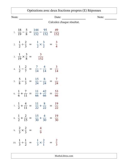 Opérations avec deux fractions propres avec dénominateurs différents, résultats sous fractions propres et sans simplification (E) page 2
