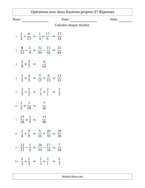 Opérations avec deux fractions propres avec dénominateurs différents, résultats sous fractions propres et sans simplification (F) page 2