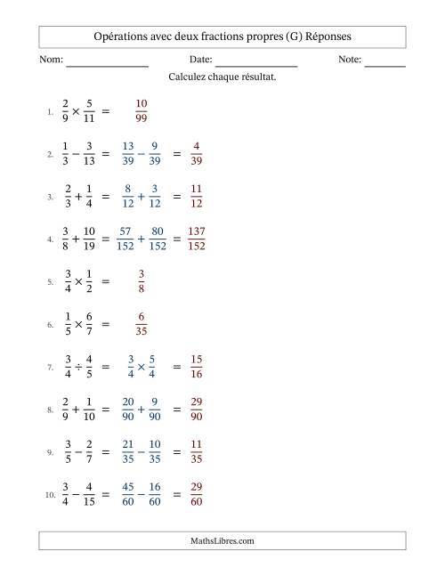 Opérations avec deux fractions propres avec dénominateurs différents, résultats sous fractions propres et sans simplification (G) page 2