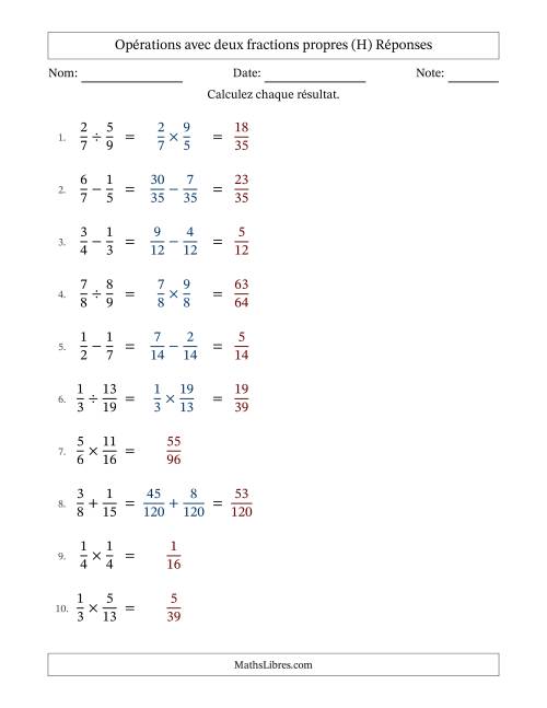 Opérations avec deux fractions propres avec dénominateurs différents, résultats sous fractions propres et sans simplification (H) page 2