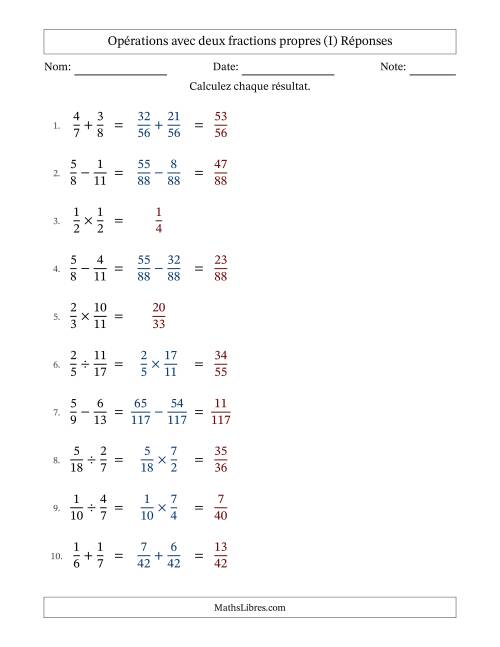 Opérations avec deux fractions propres avec dénominateurs différents, résultats sous fractions propres et sans simplification (I) page 2