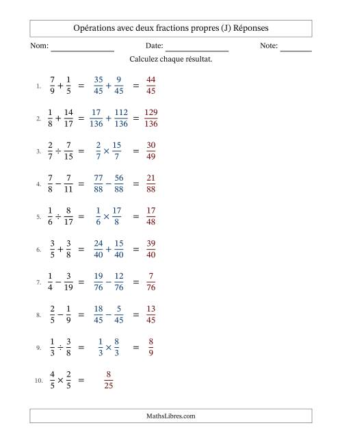 Opérations avec deux fractions propres avec dénominateurs différents, résultats sous fractions propres et sans simplification (J) page 2