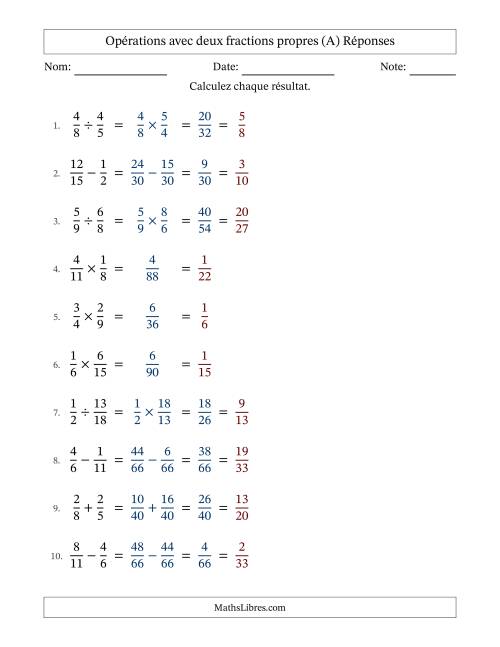 Opérations avec deux fractions propres avec dénominateurs différents, résultats sous fractions propres et simplification dans tous les problèmes (A) page 2