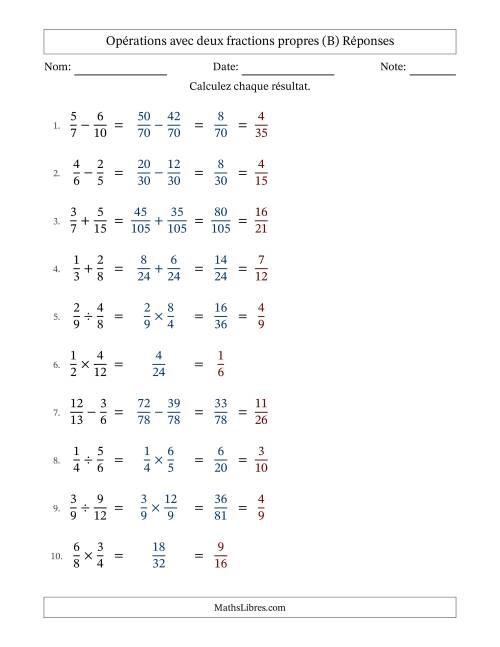 Opérations avec deux fractions propres avec dénominateurs différents, résultats sous fractions propres et simplification dans tous les problèmes (B) page 2
