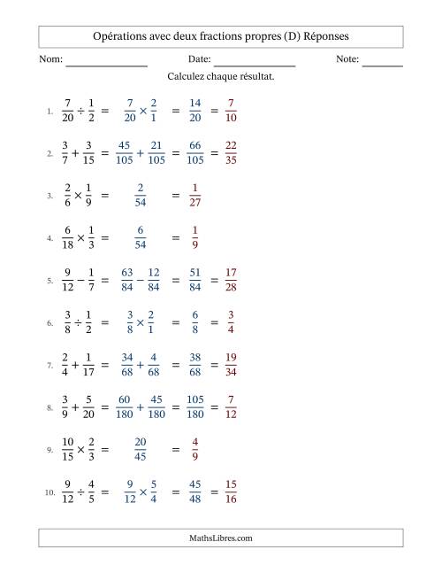 Opérations avec deux fractions propres avec dénominateurs différents, résultats sous fractions propres et simplification dans tous les problèmes (D) page 2