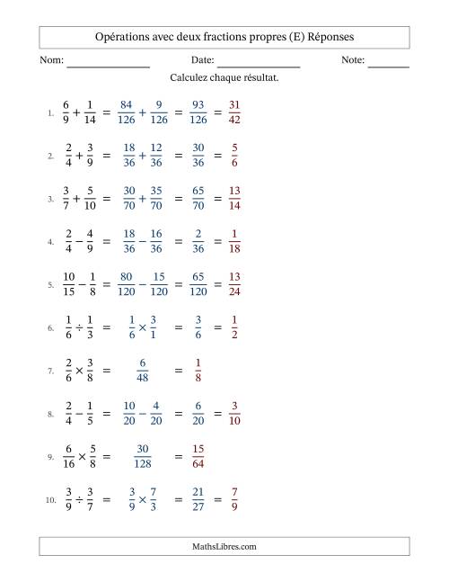 Opérations avec deux fractions propres avec dénominateurs différents, résultats sous fractions propres et simplification dans tous les problèmes (E) page 2