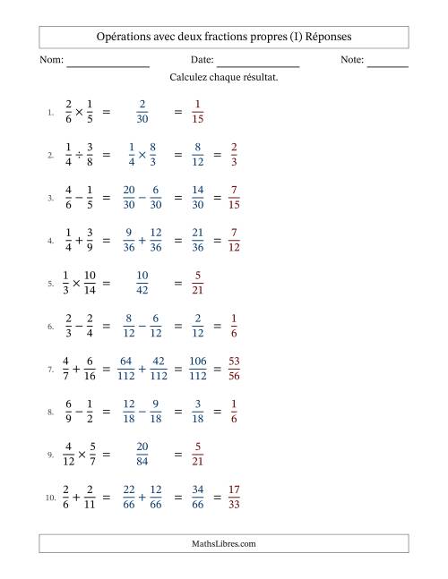 Opérations avec deux fractions propres avec dénominateurs différents, résultats sous fractions propres et simplification dans tous les problèmes (I) page 2