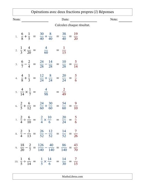 Opérations avec deux fractions propres avec dénominateurs différents, résultats sous fractions propres et simplification dans tous les problèmes (J) page 2