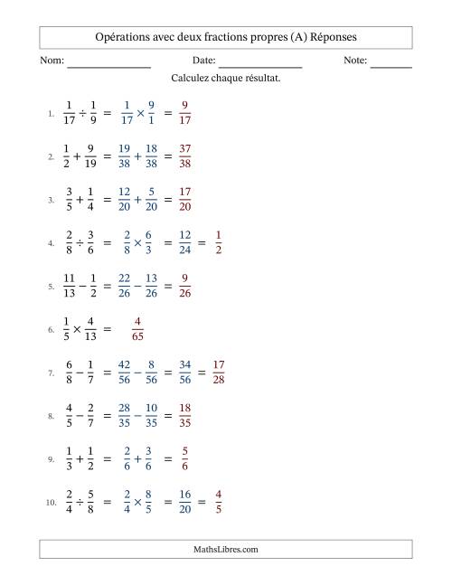 Opérations avec deux fractions propres avec dénominateurs différents, résultats sous fractions propres et quelque simplification (A) page 2