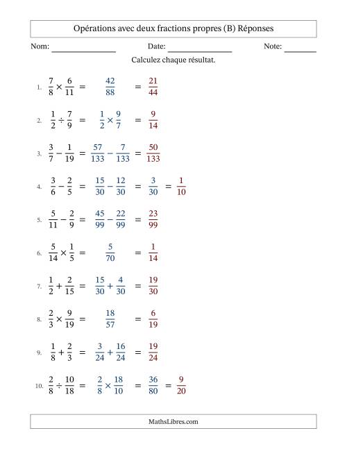 Opérations avec deux fractions propres avec dénominateurs différents, résultats sous fractions propres et quelque simplification (B) page 2