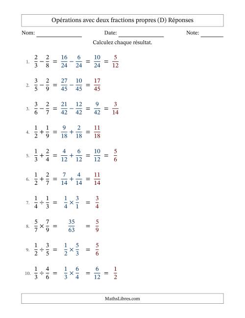 Opérations avec deux fractions propres avec dénominateurs différents, résultats sous fractions propres et quelque simplification (D) page 2