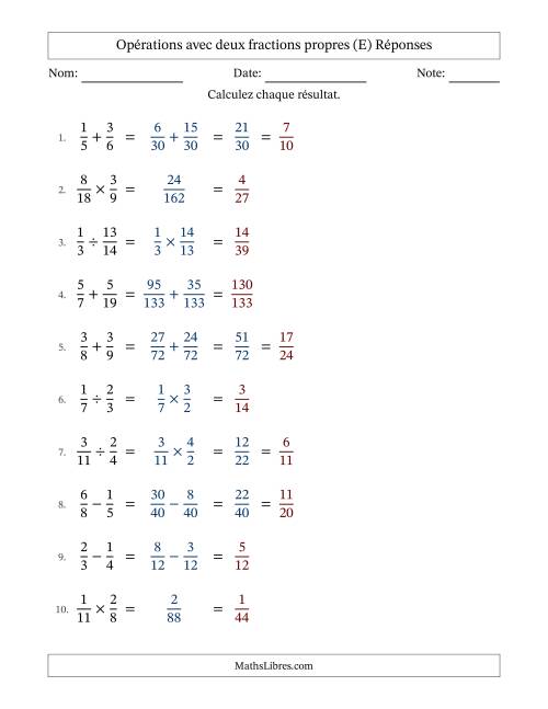 Opérations avec deux fractions propres avec dénominateurs différents, résultats sous fractions propres et quelque simplification (E) page 2