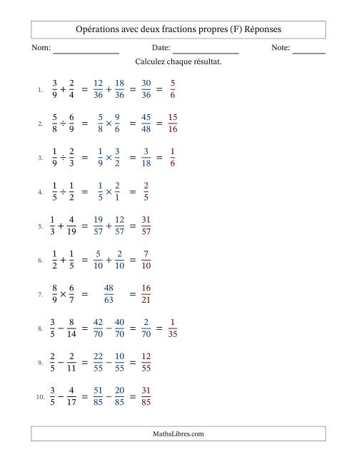 Opérations avec deux fractions propres avec dénominateurs différents, résultats sous fractions propres et quelque simplification (F) page 2