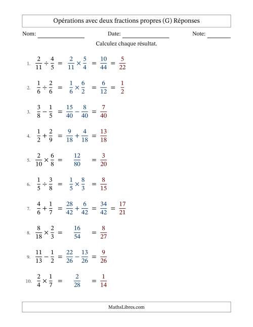Opérations avec deux fractions propres avec dénominateurs différents, résultats sous fractions propres et quelque simplification (G) page 2