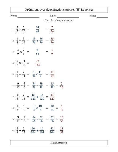 Opérations avec deux fractions propres avec dénominateurs différents, résultats sous fractions propres et quelque simplification (H) page 2