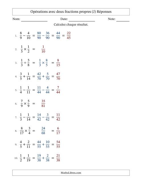Opérations avec deux fractions propres avec dénominateurs différents, résultats sous fractions propres et quelque simplification (J) page 2