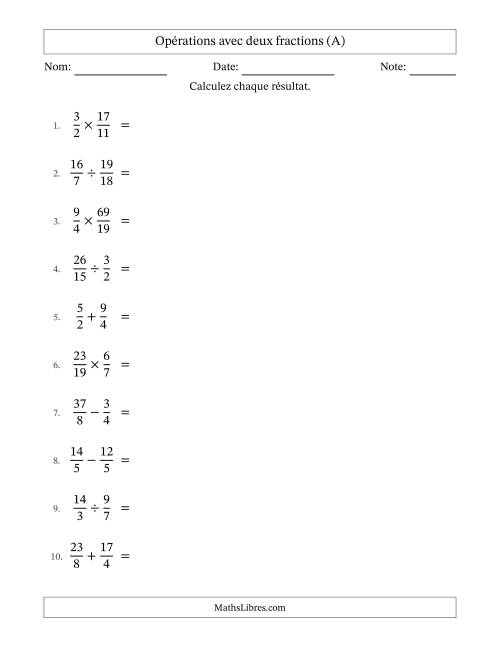 Opérations avec fractions propres et impropres avec dénominateurs égals, résultats sous fractions mixtes et sans simplification (A)