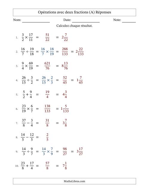 Opérations avec fractions propres et impropres avec dénominateurs égals, résultats sous fractions mixtes et sans simplification (A) page 2