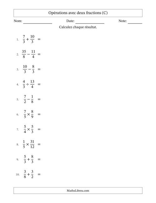 Opérations avec fractions propres et impropres avec dénominateurs égals, résultats sous fractions mixtes et sans simplification (C)