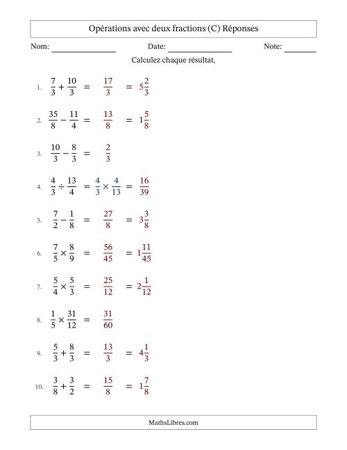 Opérations avec fractions propres et impropres avec dénominateurs égals, résultats sous fractions mixtes et sans simplification (C) page 2