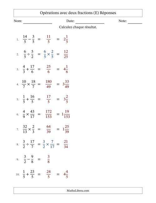 Opérations avec fractions propres et impropres avec dénominateurs égals, résultats sous fractions mixtes et sans simplification (E) page 2