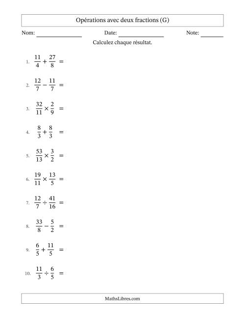 Opérations avec fractions propres et impropres avec dénominateurs égals, résultats sous fractions mixtes et sans simplification (G)