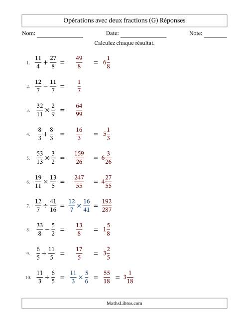 Opérations avec fractions propres et impropres avec dénominateurs égals, résultats sous fractions mixtes et sans simplification (G) page 2