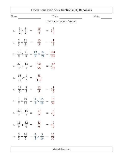 Opérations avec fractions propres et impropres avec dénominateurs égals, résultats sous fractions mixtes et sans simplification (H) page 2