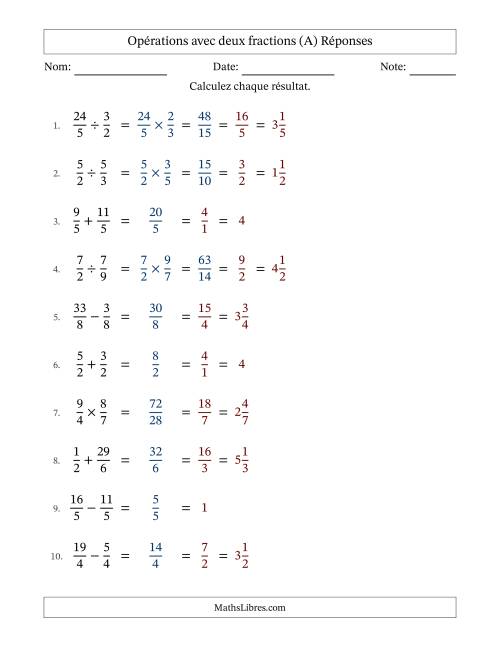 Opérations avec fractions propres et impropres avec dénominateurs égals, résultats sous fractions mixtes et simplification dans tous les problèmes (A) page 2
